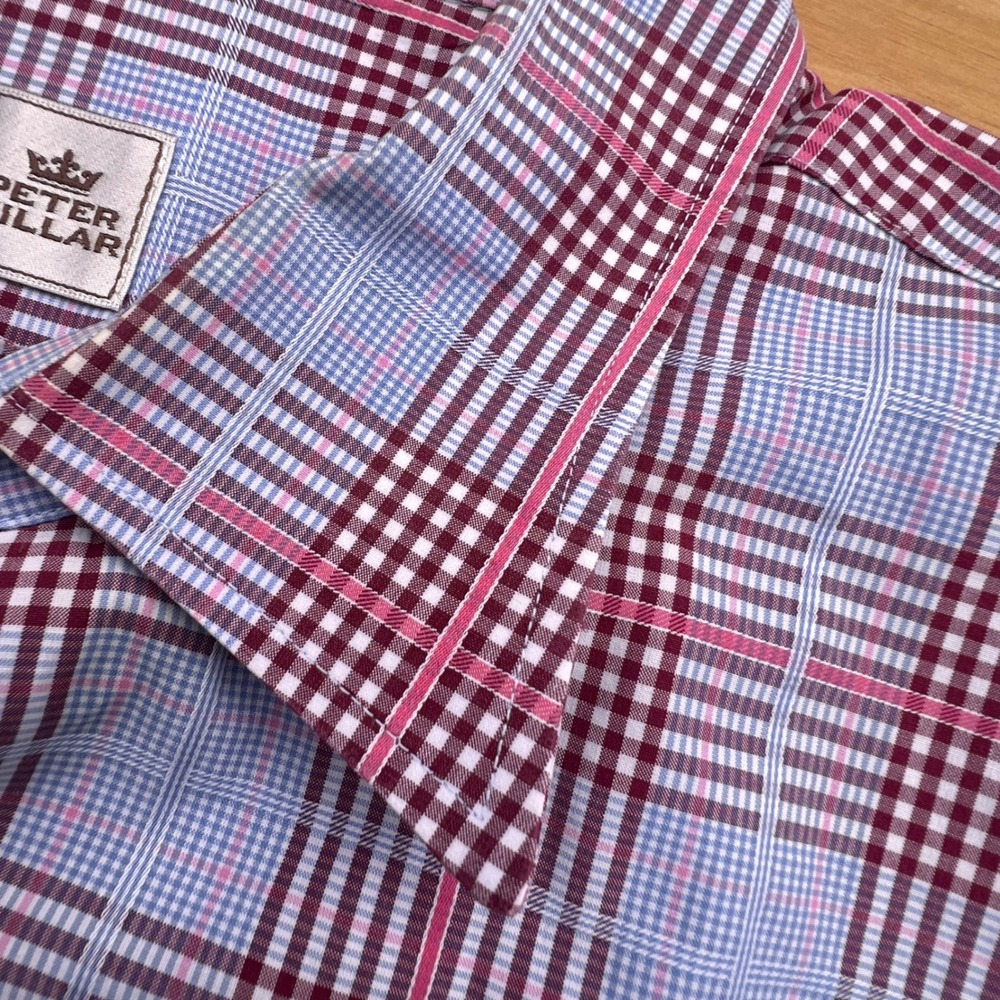 Peter Millar Mens XL Button Down Shirt 100% Cotton Plaid Blue Burgundy Pink - Picture 1 of 8